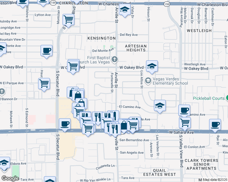 map of restaurants, bars, coffee shops, grocery stores, and more near 2005 Fontenelle Street in Las Vegas