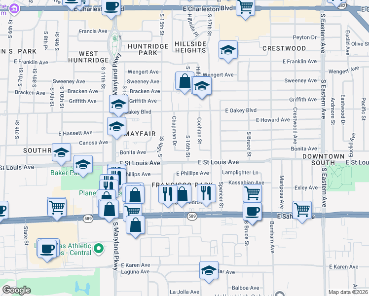 map of restaurants, bars, coffee shops, grocery stores, and more near 1904 South 16th Street in Las Vegas