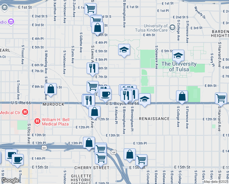 map of restaurants, bars, coffee shops, grocery stores, and more near 2519 East 10th Street in Tulsa