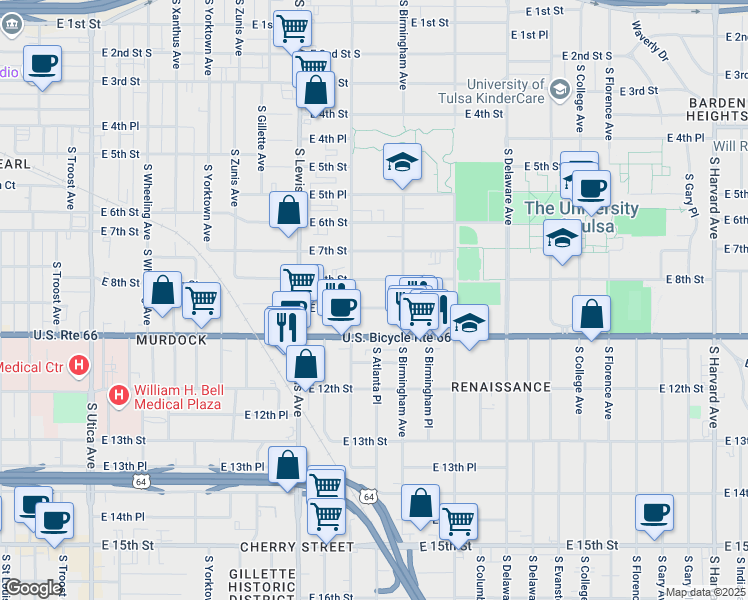 map of restaurants, bars, coffee shops, grocery stores, and more near 2523 East 10th Street in Tulsa