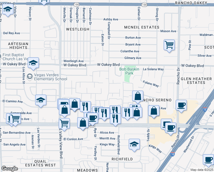 map of restaurants, bars, coffee shops, grocery stores, and more near 2012 Calle de Espana in Las Vegas