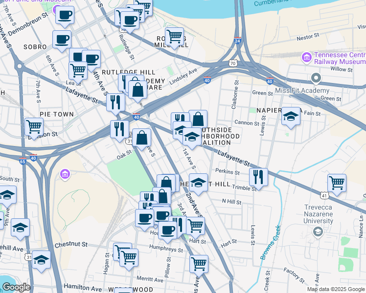 map of restaurants, bars, coffee shops, grocery stores, and more near 1034 1st Avenue South in Nashville