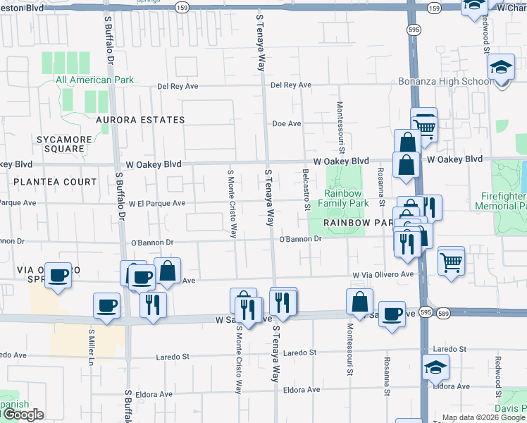 map of restaurants, bars, coffee shops, grocery stores, and more near 2105 South Tenaya Way in Las Vegas
