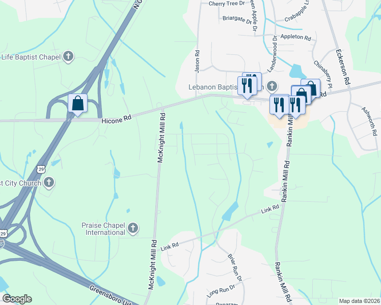 map of restaurants, bars, coffee shops, grocery stores, and more near 2217 Ram Road in Greensboro