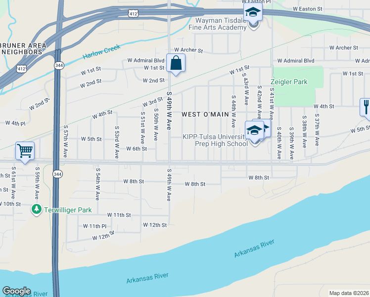 map of restaurants, bars, coffee shops, grocery stores, and more near 531 South 49th West Avenue in Tulsa