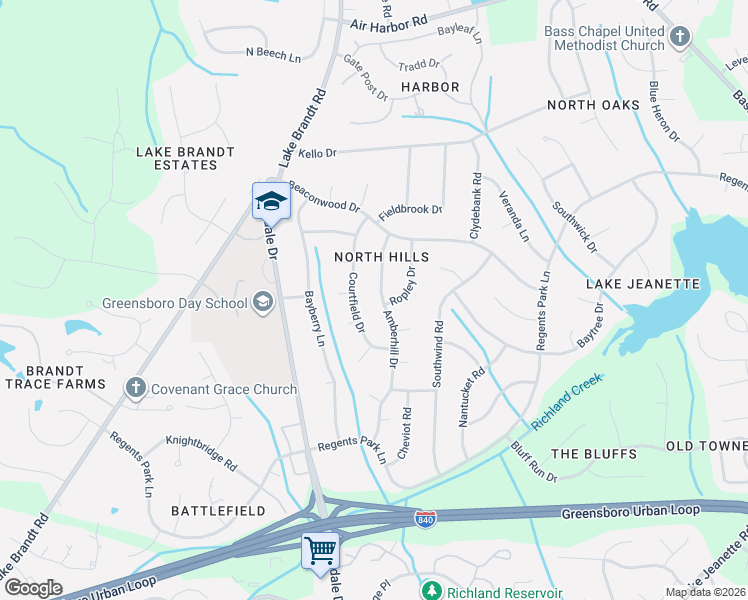 map of restaurants, bars, coffee shops, grocery stores, and more near 5310 Courtfield Drive in Greensboro