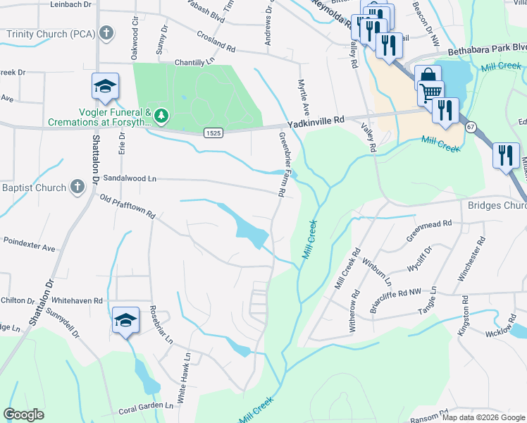 map of restaurants, bars, coffee shops, grocery stores, and more near 4315 Greenbrier Farm Road in Winston-Salem