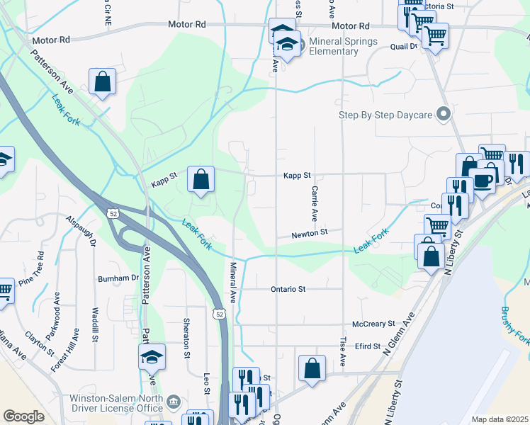 map of restaurants, bars, coffee shops, grocery stores, and more near 4320 Ogburn Avenue in Winston-Salem