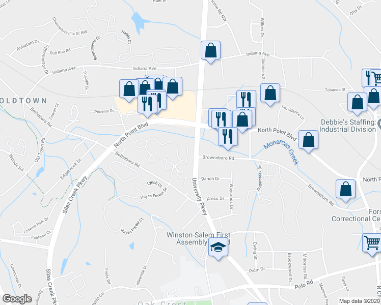 map of restaurants, bars, coffee shops, grocery stores, and more near 1153 Academic Drive in Winston-Salem