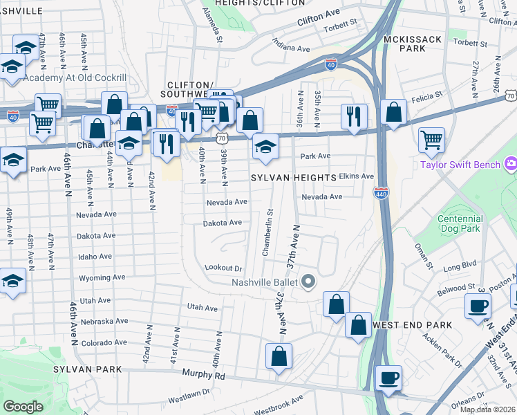 map of restaurants, bars, coffee shops, grocery stores, and more near 288 38th Avenue North in Nashville
