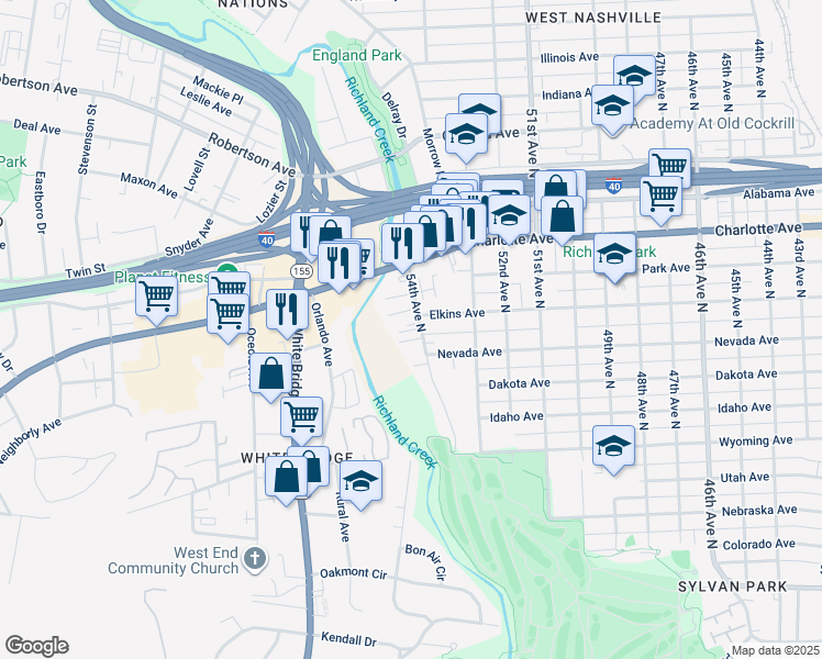 map of restaurants, bars, coffee shops, grocery stores, and more near 300b 54th Avenue North in Nashville