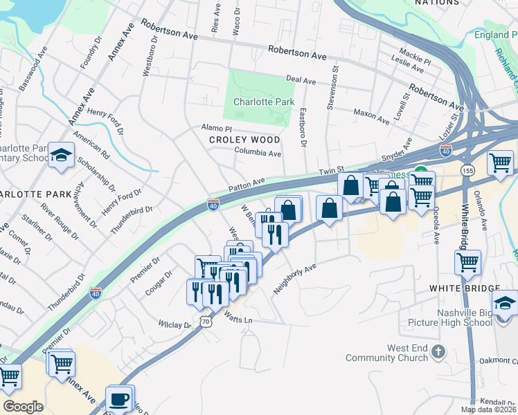 map of restaurants, bars, coffee shops, grocery stores, and more near 426 West Bend Drive in Nashville