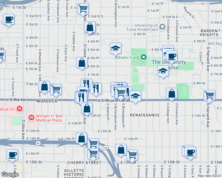 map of restaurants, bars, coffee shops, grocery stores, and more near 2518 East 10th Street in Tulsa
