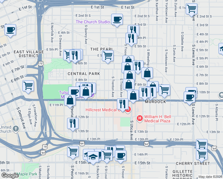 map of restaurants, bars, coffee shops, grocery stores, and more near 1016 South Trenton Avenue in Tulsa