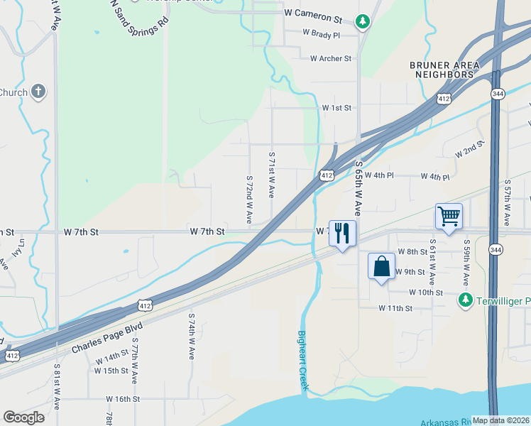 map of restaurants, bars, coffee shops, grocery stores, and more near 508 South 71st West Avenue in Tulsa