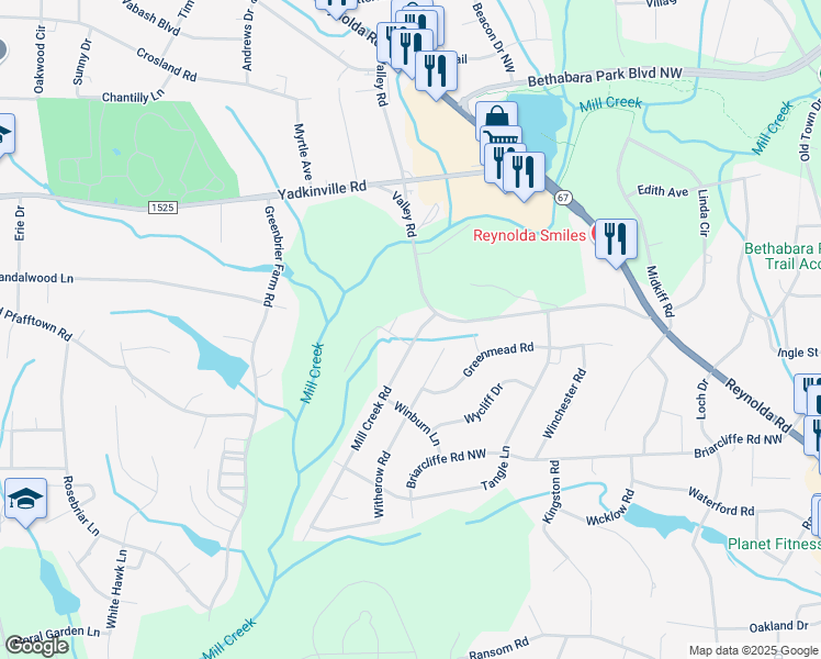 map of restaurants, bars, coffee shops, grocery stores, and more near 4140 Mill Creek Road in Winston-Salem