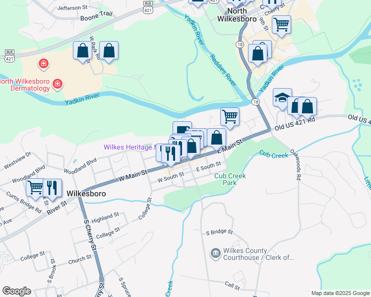 map of restaurants, bars, coffee shops, grocery stores, and more near North Bridge Street in Wilkesboro
