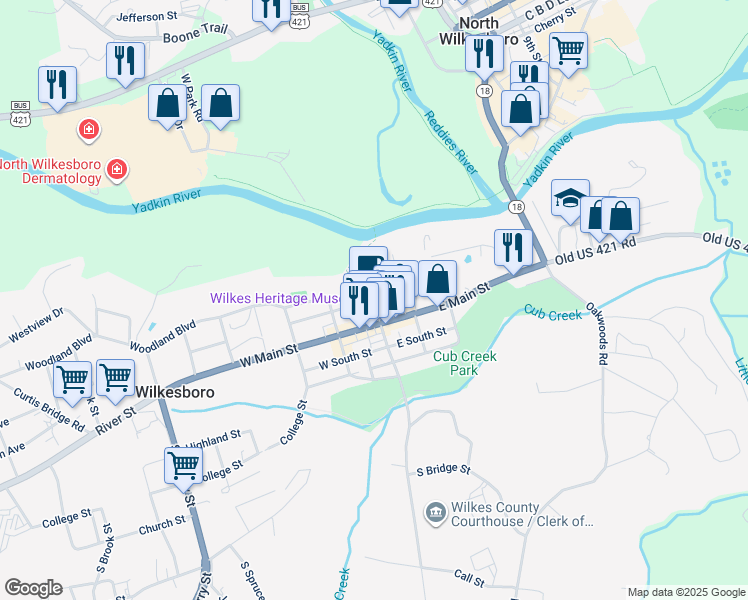 map of restaurants, bars, coffee shops, grocery stores, and more near North Bridge Street in Wilkesboro