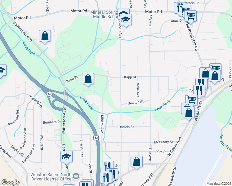 map of restaurants, bars, coffee shops, grocery stores, and more near 4320 Ogburn Avenue in Winston-Salem