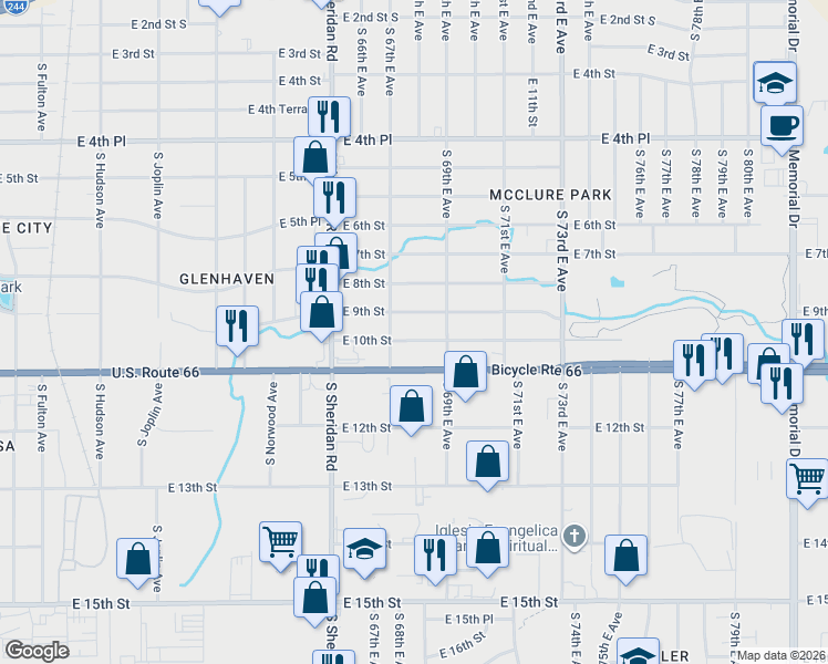 map of restaurants, bars, coffee shops, grocery stores, and more near 6730 East 10th Street in Tulsa