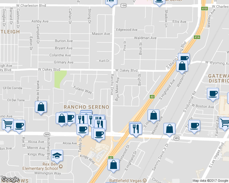 map of restaurants, bars, coffee shops, grocery stores, and more near 1517 Bryn Mawr Avenue in Las Vegas