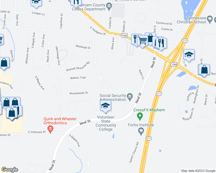 map of restaurants, bars, coffee shops, grocery stores, and more near 1107 Sugarhill Place in Cookeville