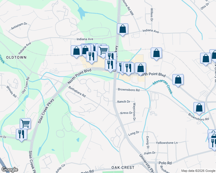 map of restaurants, bars, coffee shops, grocery stores, and more near 1121 Academic Drive in Winston-Salem