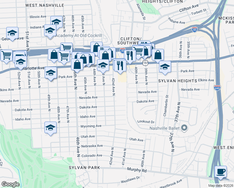 map of restaurants, bars, coffee shops, grocery stores, and more near 200 42nd Avenue North in Nashville