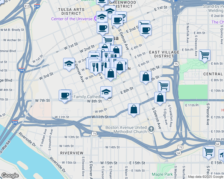 map of restaurants, bars, coffee shops, grocery stores, and more near 707 South Boulder Avenue in Tulsa