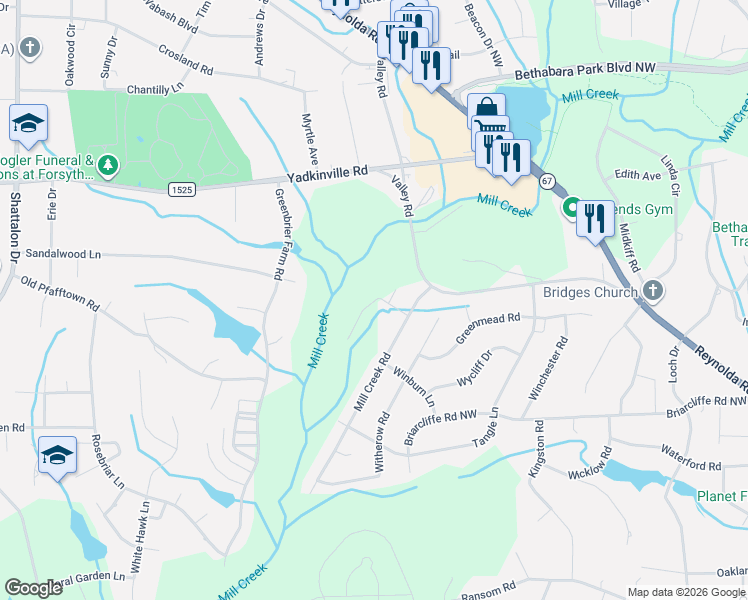 map of restaurants, bars, coffee shops, grocery stores, and more near 4230 Barjean Lane in Winston-Salem