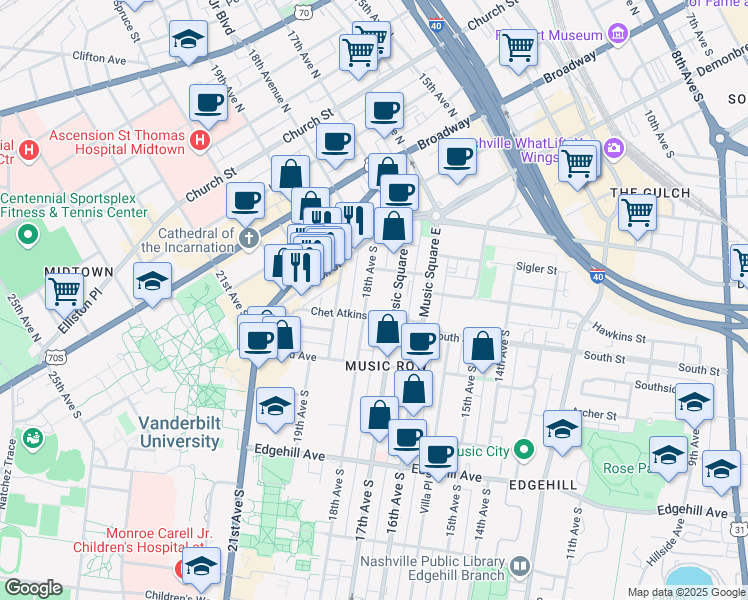 map of restaurants, bars, coffee shops, grocery stores, and more near 820 18th Avenue South in Nashville