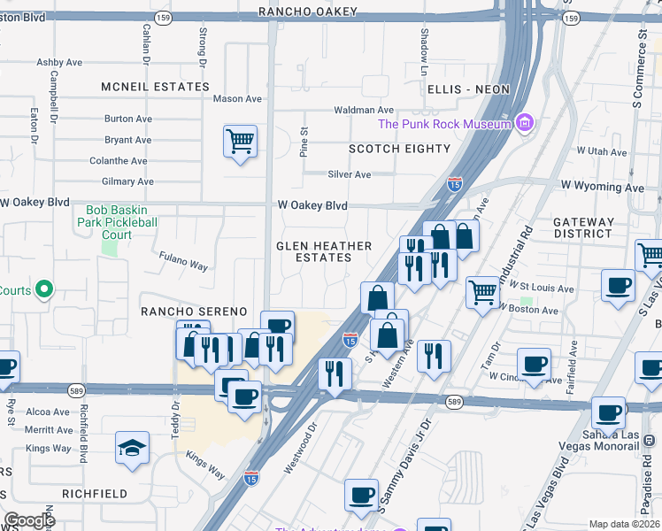 map of restaurants, bars, coffee shops, grocery stores, and more near 1524 Inverness Avenue in Las Vegas