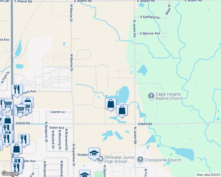 map of restaurants, bars, coffee shops, grocery stores, and more near 2707 North Running Bear Street in Stillwater