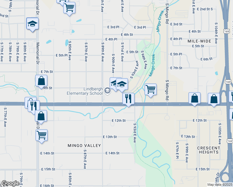 map of restaurants, bars, coffee shops, grocery stores, and more near 931 South 89th East Avenue in Tulsa