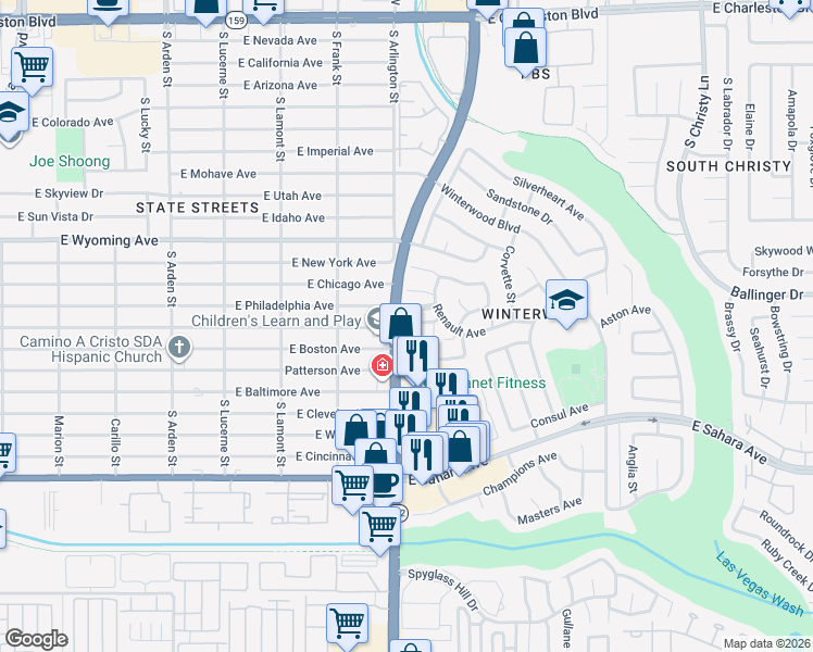 map of restaurants, bars, coffee shops, grocery stores, and more near 5042 Village Drive in Las Vegas