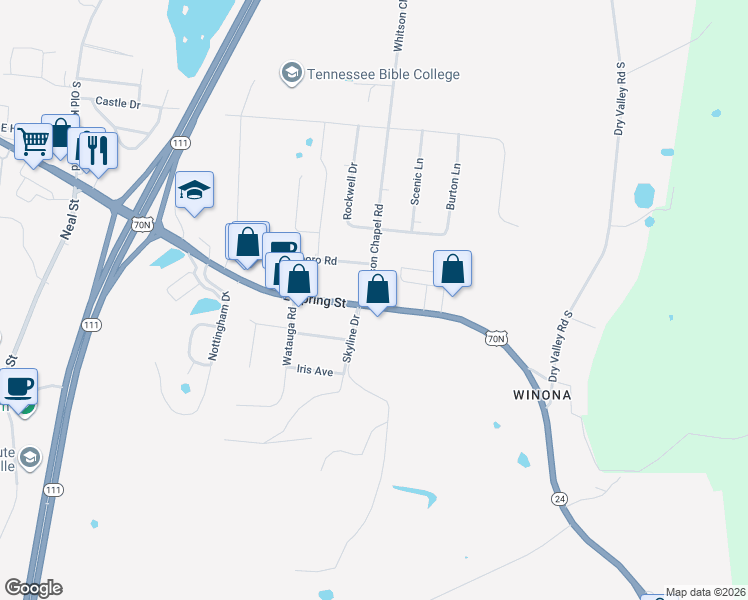 map of restaurants, bars, coffee shops, grocery stores, and more near 1717 East Spring Street in Cookeville