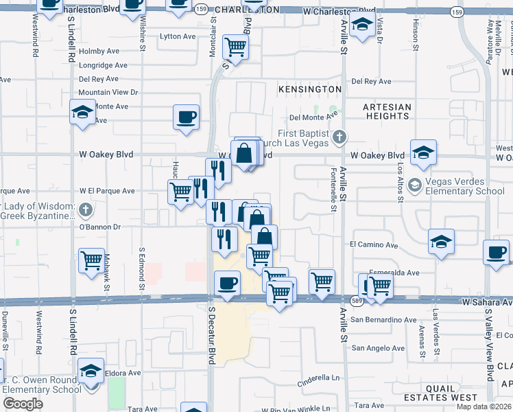map of restaurants, bars, coffee shops, grocery stores, and more near 4736 O'Bannon Drive in Las Vegas