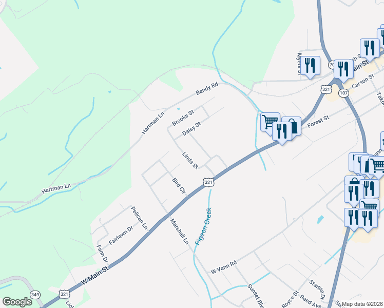 map of restaurants, bars, coffee shops, grocery stores, and more near 205 Linda Street in Greeneville