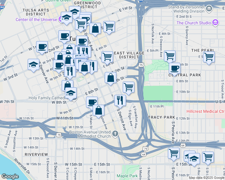 map of restaurants, bars, coffee shops, grocery stores, and more near 901 South Cincinnati Avenue in Tulsa