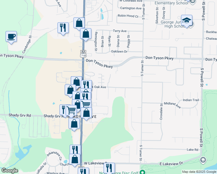 map of restaurants, bars, coffee shops, grocery stores, and more near 512 Black Oak Avenue in Springdale