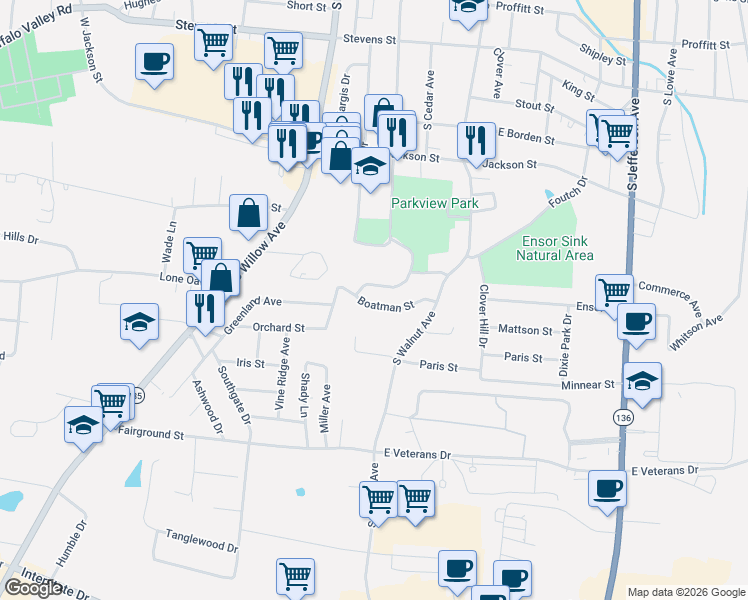map of restaurants, bars, coffee shops, grocery stores, and more near 130 West Paris Street in Cookeville