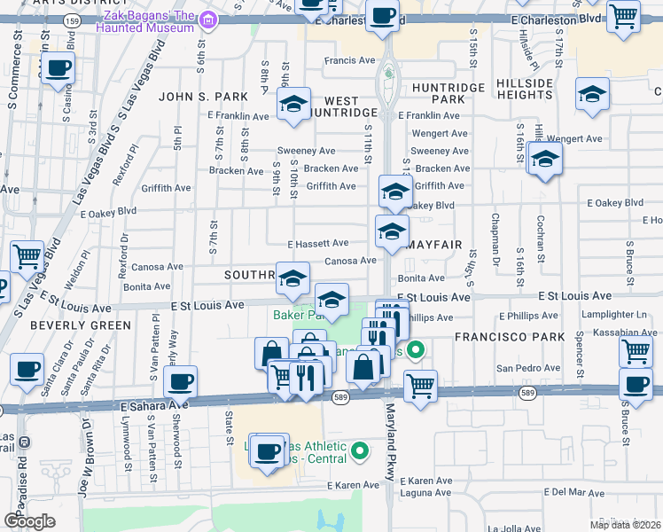 map of restaurants, bars, coffee shops, grocery stores, and more near 1036 Bonita Avenue in Las Vegas