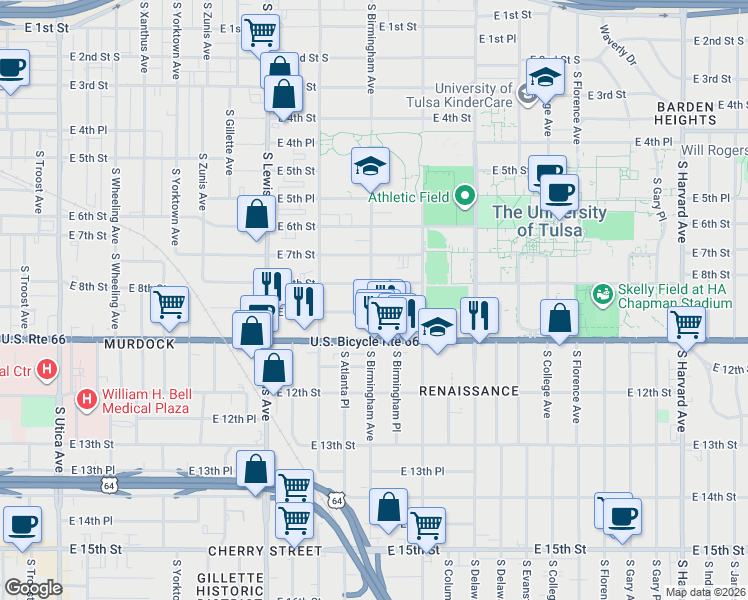 map of restaurants, bars, coffee shops, grocery stores, and more near 2602 East 10th Street in Tulsa