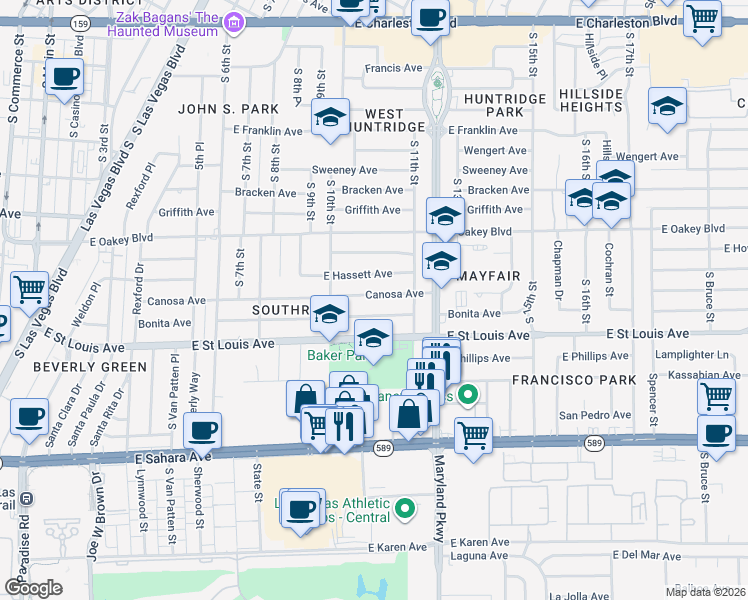 map of restaurants, bars, coffee shops, grocery stores, and more near 1036 Bonita Avenue in Las Vegas