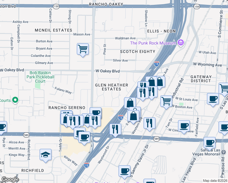 map of restaurants, bars, coffee shops, grocery stores, and more near 1524 Inverness Avenue in Las Vegas