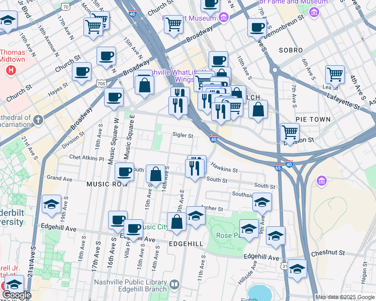 map of restaurants, bars, coffee shops, grocery stores, and more near 1303 Hawkins Street in Nashville