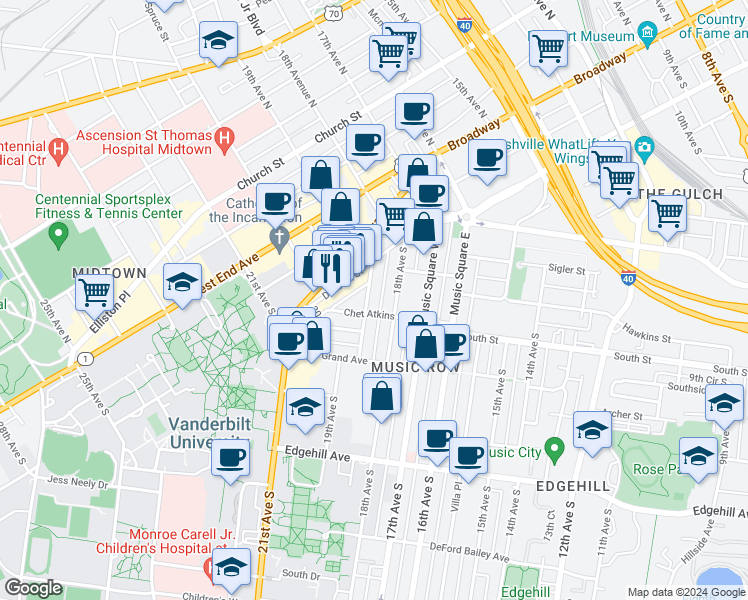 map of restaurants, bars, coffee shops, grocery stores, and more near 901 19th Avenue South in Nashville