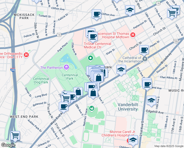 map of restaurants, bars, coffee shops, grocery stores, and more near 214 25th Avenue North in Nashville