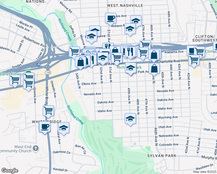 map of restaurants, bars, coffee shops, grocery stores, and more near 5101B Nevada Avenue in Nashville