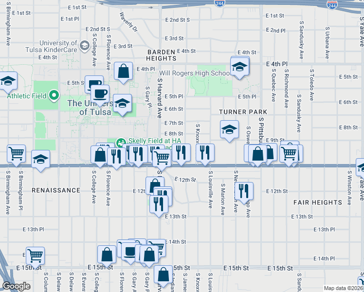 map of restaurants, bars, coffee shops, grocery stores, and more near 844 South Jamestown Avenue in Tulsa